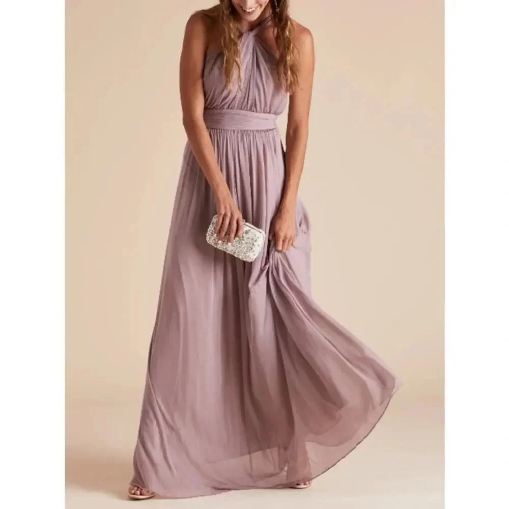 NWT Birdy Grey Kiko Maxi Dress Grecian Halter Neck Fully Lined Mauve Mesh XS